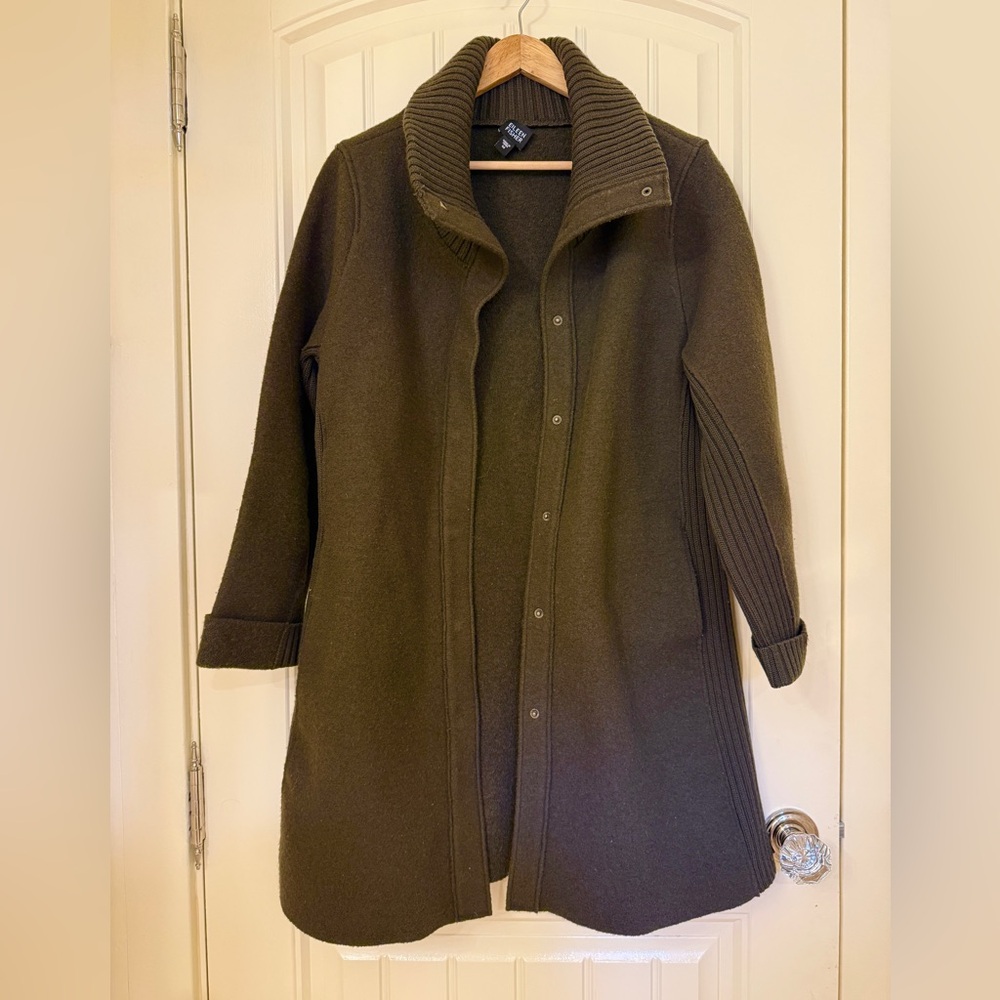 Eileen Fisher Olive Green Wool Long Coat